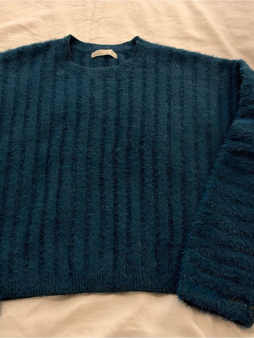 OAK + FORT Teal Fuzzy Crewneck Sweater